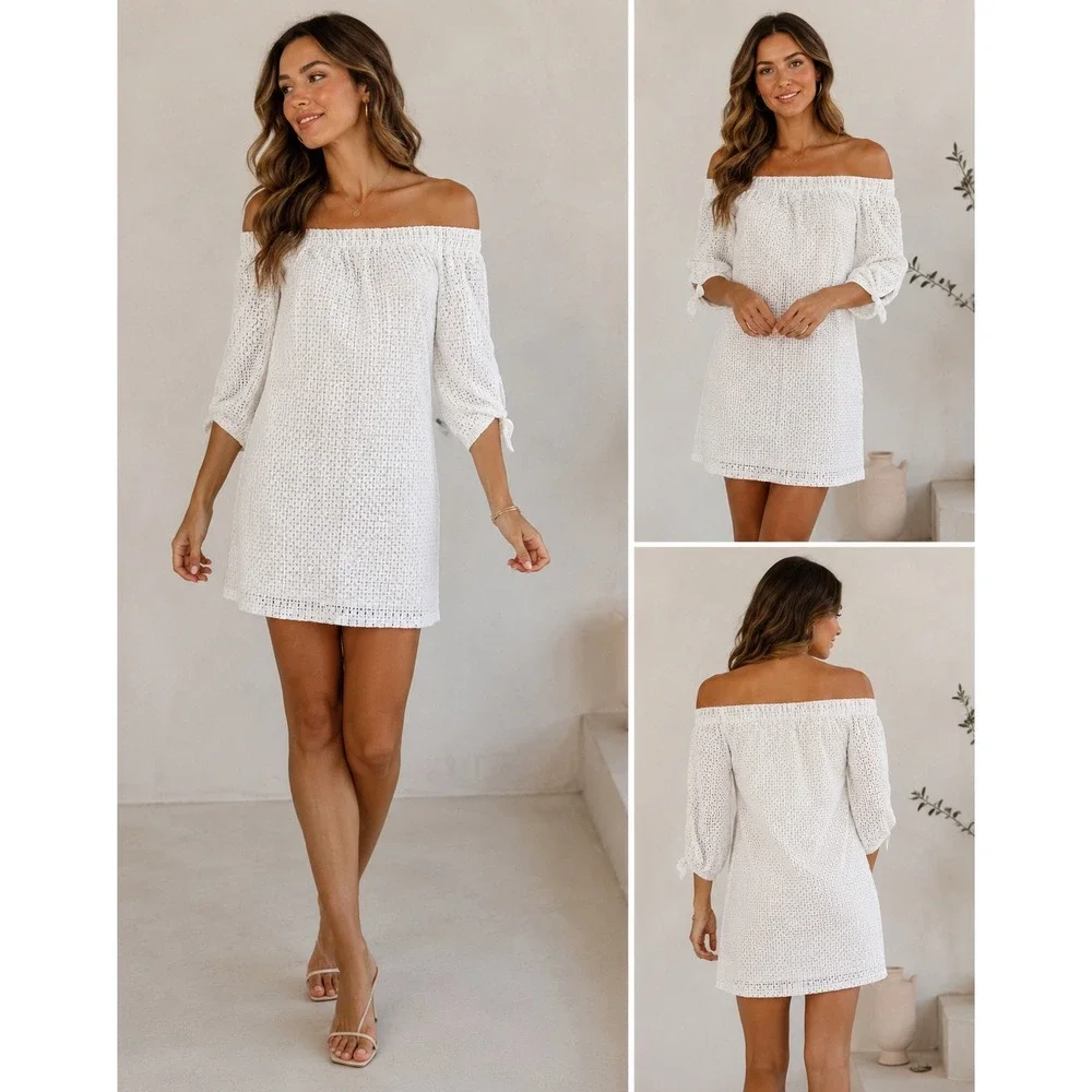 1.STATE Eyelet Cotton Off Shoulder Dress Womens‎ Medium White Shift Mini